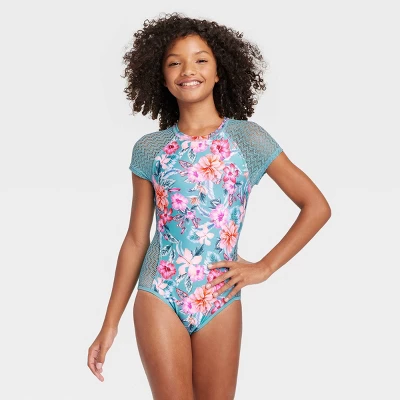Girls' Sweet Floral Surf One Piece Swimsuit - Art Class™ Blue - Image 3
