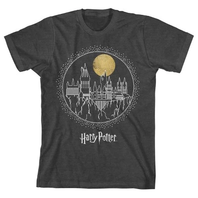 Harry Potter Hogwarts Castle Moonlight Line Art Boy's Charcoal Heather Tshirt - Image 4