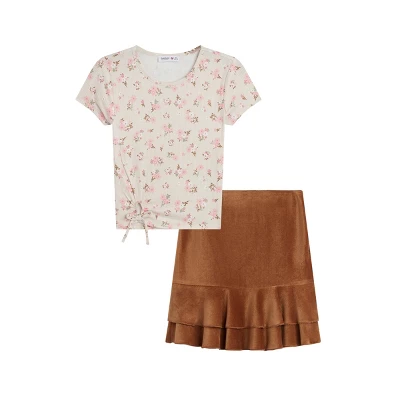 Beautees Girls' 2PC Printed Rib Knit Top With Knit Corduroy Skirt - Image 3