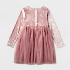 Girls' Adaptive Long Sleeve Star Velour To Tulle Dress - Cat & Jack™ Dusty Pink