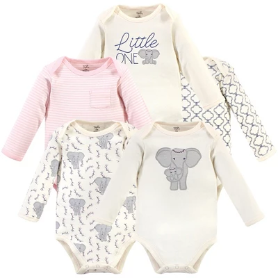 Touched By Nature Baby Girl Organic Cotton Long-Sleeve Bodysuits 5pk, Pink Elephant - Image 6