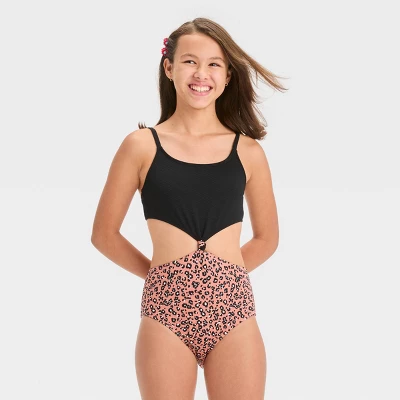 Girls' 'In Her Element' Leopard Spot One Piece Swimsuit - Art Class™ Black - Image 3