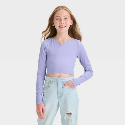 Girls' Long Sleeve Notch Neck Seamless T-Shirt - Art Class™ - Image 3