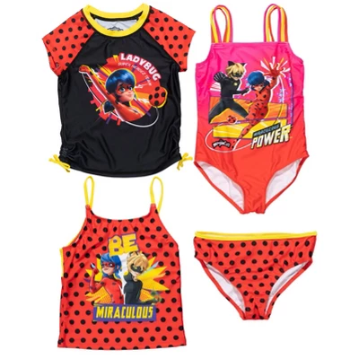 Miraculous Cat Noir Ladybug Girls One Piece Bathing Suit Rash Guard Tankini Top And Bikini Bottom 4 Swimsuit Set Little Kid To Big Kid - Image 9