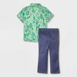 Toddler Boys' Adaptive 2pc Floral Printed Woven Short Sleeve Shirt And Pants Set With Bowtie - Cat & Jack™ Green