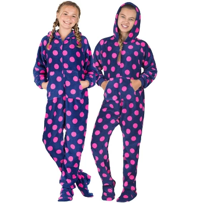Footed Pajamas - Navy Pink Polka Kids Hoodie Chenille Onesie - Image 3