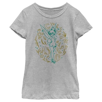 Girl's Peter Pan Tinkerbell Spooky Line Art Green T-Shirt - Image 4