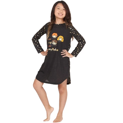 Harry Potter Hermione Chibi Charms Logo House Crest Raglan Pajama Gown Black