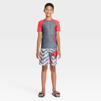 Boys' Spider-Man Short Sleeve Rash Guard Swimsuit Top - Gray - Image 2