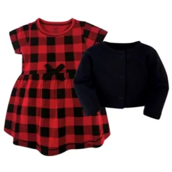 Touched By Nature Baby And Toddler Girl Organic Cotton Dress And Cardigan 2pc Set, Buffalo Plaid