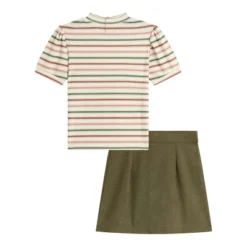 Beautees Girls' 2PC Stripe Mock Neck Top With Belted Skirt And Necklace