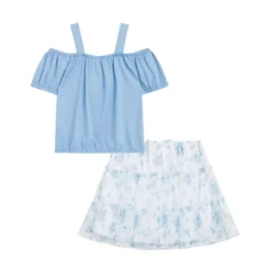 Beautees Girls' 2 PC Puff Sleeve Top With Tie Front Ruffle Tiered Skirt