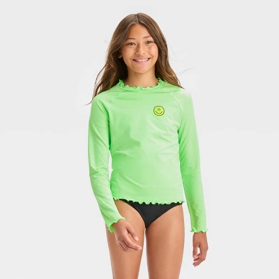 Girls' Smiley Face Rash Guard Swim Top - Art Class™ Green - Image 3