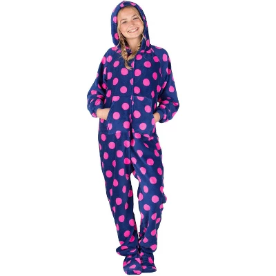 Footed Pajamas - Navy Pink Polka Kids Hoodie Chenille Onesie