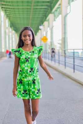 Minecraft Creeper Girls French Terry Sleeveless Romper Little Kid To Big Kid