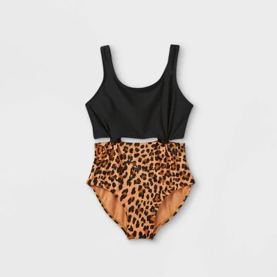 Girls' Leopard Print Knotted One Piece Swimsuit - Art Class™ Black - Image 4