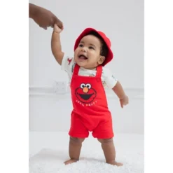 Sesame Street Elmo Baby French Terry Short Overalls T-Shirt And Hat 3 Piece Outfit Set Newborn To Infant