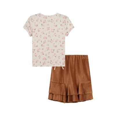 Beautees Girls' 2PC Printed Rib Knit Top With Knit Corduroy Skirt