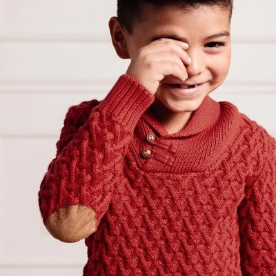 Hope & Henry Boys' Long Sleeve Shawl Collar Herringbone Cable Sweater With Elbow Patches, Kids - Image 4