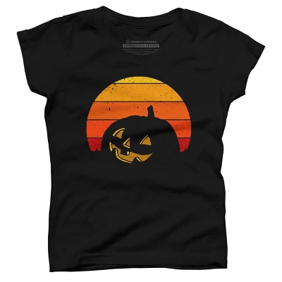Girl's Design By Humans Vintage Retro Sunset Halloween Pumpkin I By Lemonpepper T-Shirt - Image 3