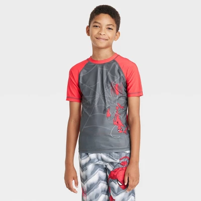 Boys' Spider-Man Short Sleeve Rash Guard Swimsuit Top - Gray - Image 3