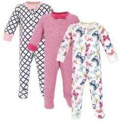 Touched By Nature Baby Girl Organic Cotton Zipper Sleep And Play 3pk, Bright Butterflies
