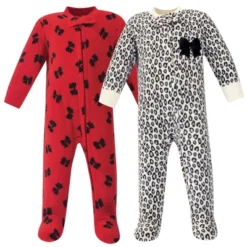 Little Treasure Baby Girl Fleece Zipper Sleep And Play 2pk, Leopard Bow