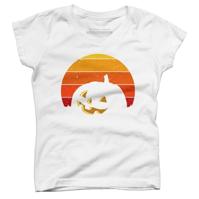 Girl's Design By Humans Vintage Retro Sunset Halloween Pumpkin I By Lemonpepper T-Shirt - Image 4