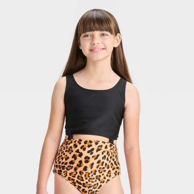 Girls' Leopard Print Knotted One Piece Swimsuit - Art Class™ Black - Image 3