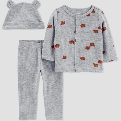 Carter's Just One You® Baby 3pc Bear Thermal Top & Bottom Set With Hat - Gray - Image 3